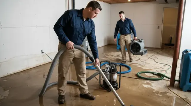 Two technicians extracting standing water from a finished lower room