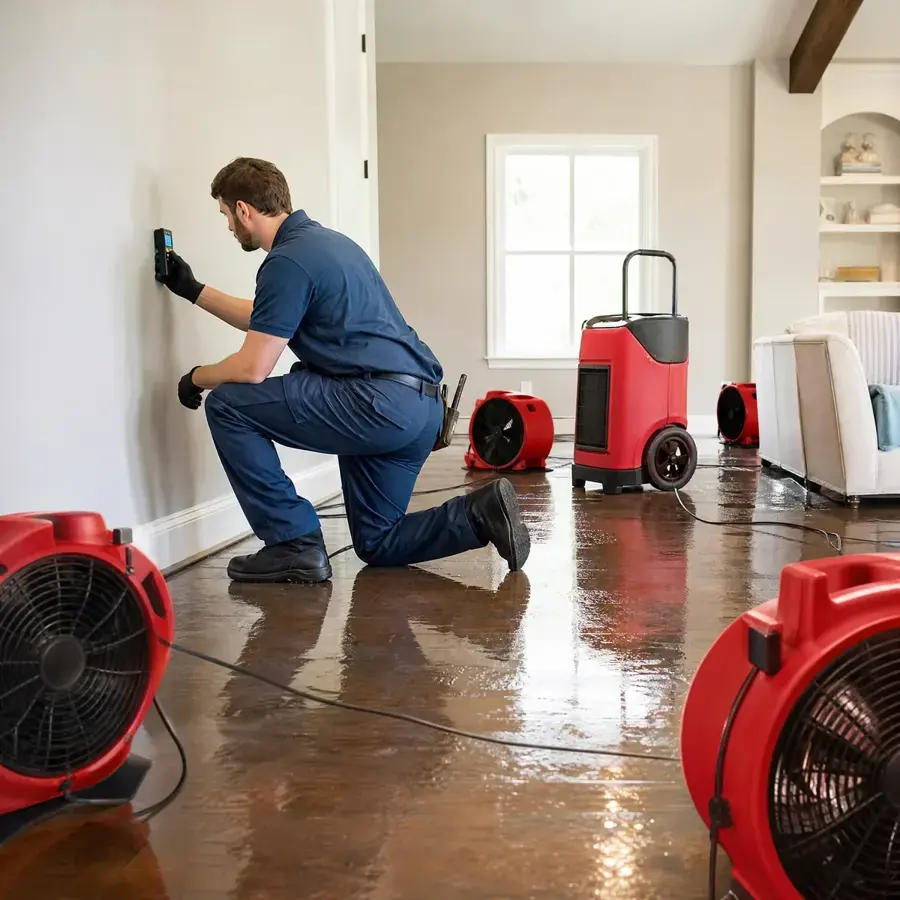 Technician checking wall moisture with a meter while air movers dry a wet Temecula living room