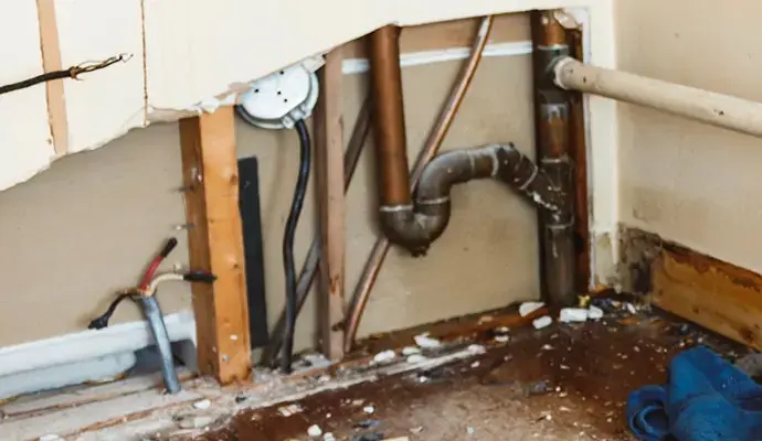 Wall opened to copper supply and drain pipes after a burst line in Temecula