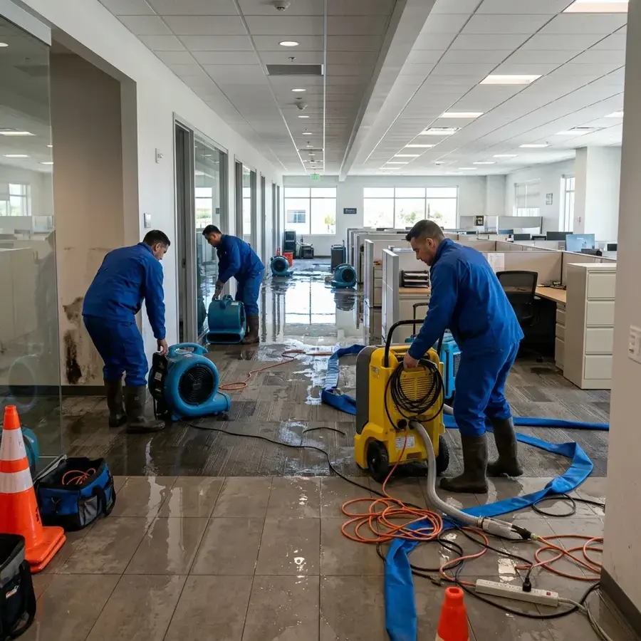 Crew extracting water and setting air movers in a flooded office corridor