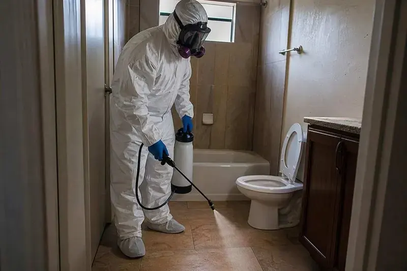 Technician in a protective suit and respirator treating a bathroom after a sewage backup