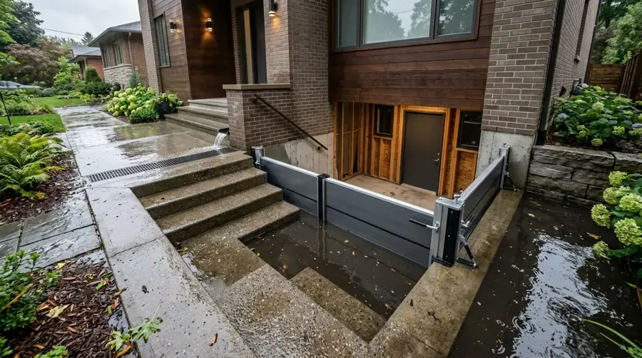 Rain runoff pooling at a stepped entry and door threshold during a storm