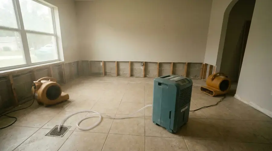 Air movers and a dehumidifier drying a room with the lower drywall cut away