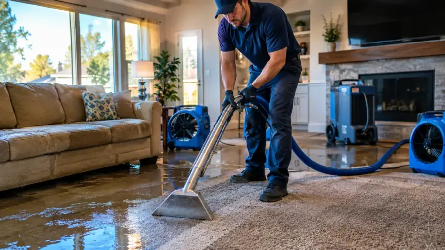 Technician extracting water from a soaked area rug in a Temecula living room