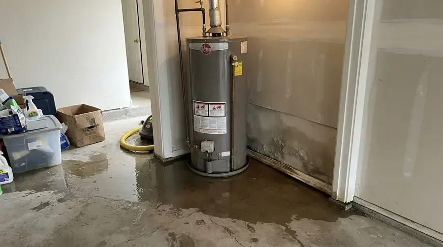 Water spreading across a garage floor from a leaking tank water heater